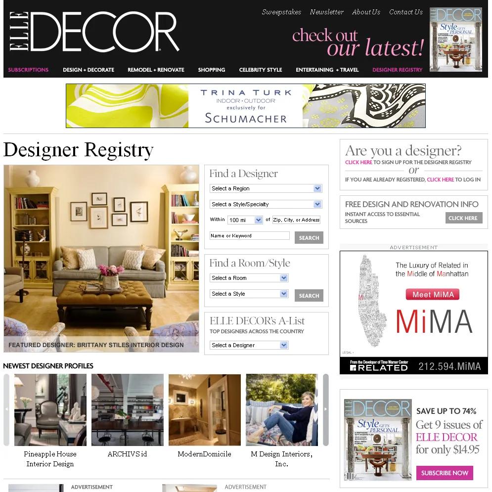 Homepage of Elle Decor website